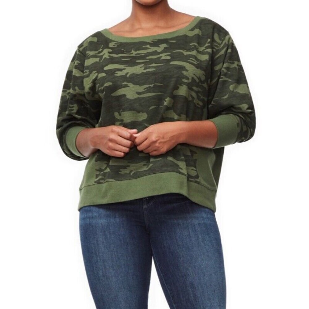 Good American Wide Neck Camo Sweatshirt Pullover Crewneck Green Women‎ Size 3